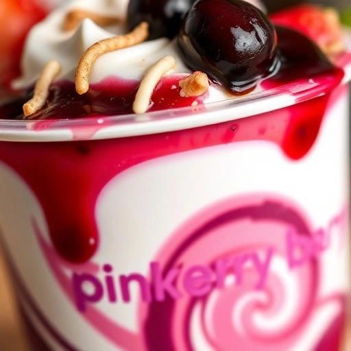 Close-up of a Pinkberry cup featuring layers of yogurt, toppings, and a berry compote swirl