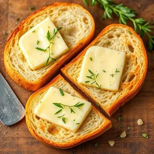 Freshly toasted bread slices topped with melted butter and a sprinkle of herbs