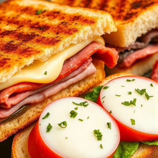 Close-up of sandwiches featuring grilled cheese, roast beef, and Caprese, garnished with herbs