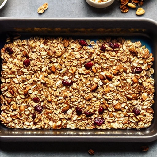 A jar of homemade granola with oats, nuts, and dried fruit spilling onto a wooden countertop