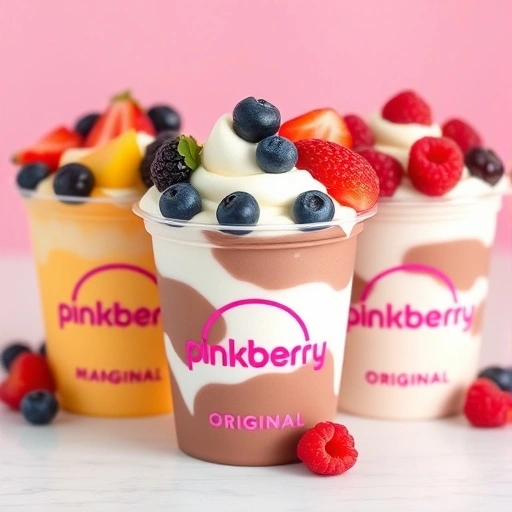 Pinkberry yogurt cups with flavors like mango, chocolate, and original, topped with fresh berries