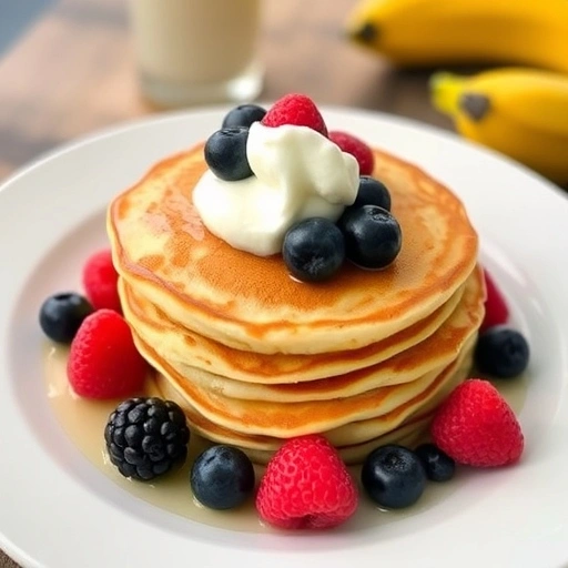 Golden banana pancakes served with fresh berries and a dollop of whipped cream