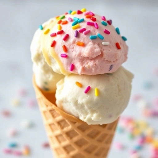 Homemade frozen yogurt scoops in a cone with colorful sprinkles on top