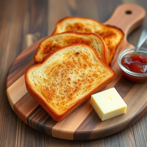 Golden brown toast slices on a wooden board with butter and jam on the side