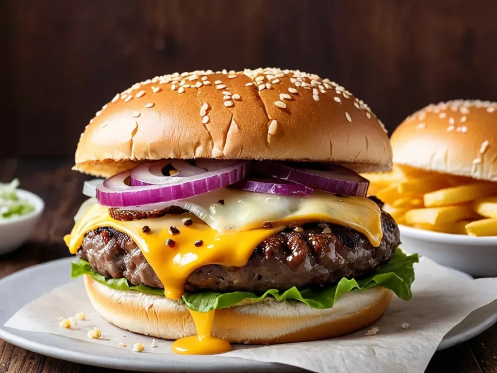 A close-up of a double-patty burger with melted cheese, onions, and a sesame seed bun