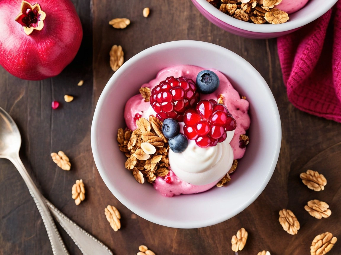 A colorful swirl of pomegranate frozen yogurt topped with fresh berries and a sprinkle of granola