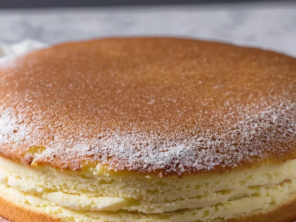 Close-up of Tesco Victoria sponge cake dusted with powdered sugar