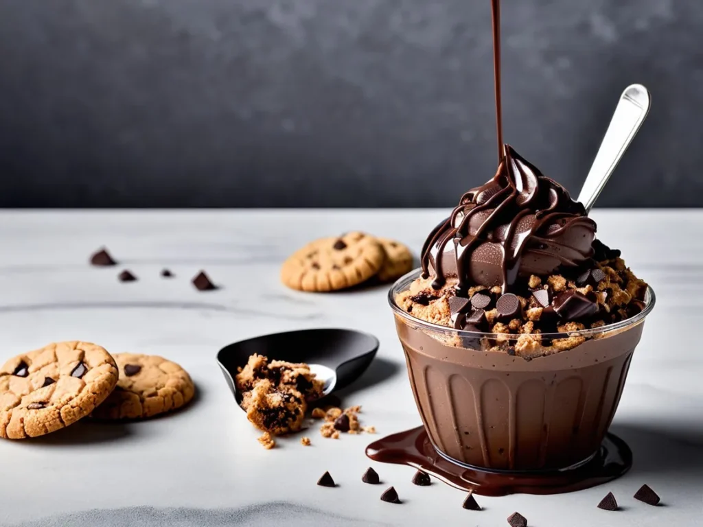 Chocolate frozen yogurt topped with crushed cookies and chocolate syrup