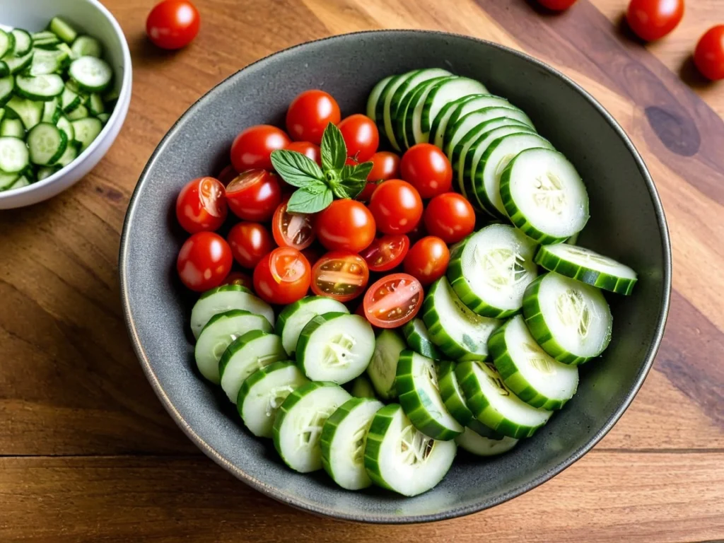 A cucumber salad bowl garnished with sliced cucumbers and cherry tomatoes