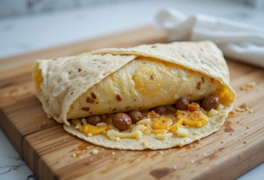 A breakfast burrito being carefully rolled with eggs, sausage, and cheese on a cutting board