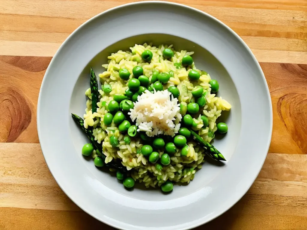 Vegetable risotto with zucchini, peas, and asparagus, served in a vibrant green hue