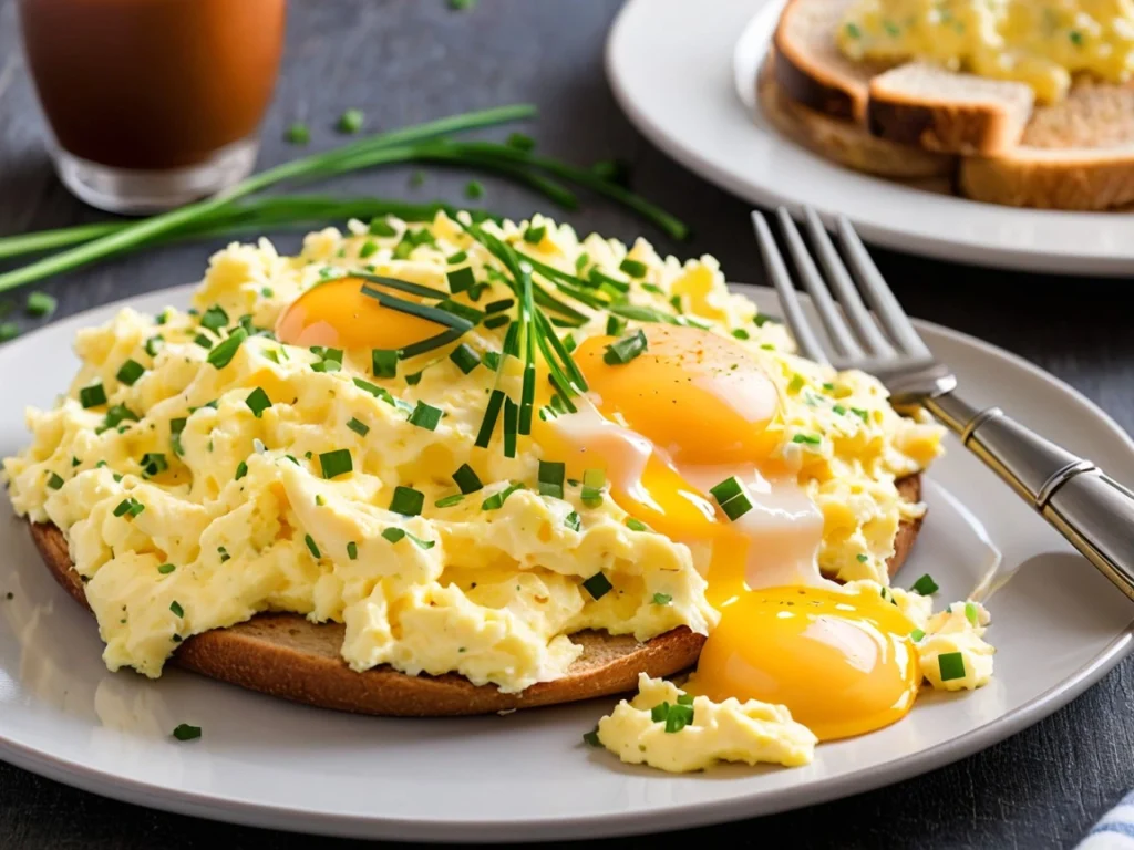 Soft scrambled eggs topped with cheese and chives on a breakfast plate