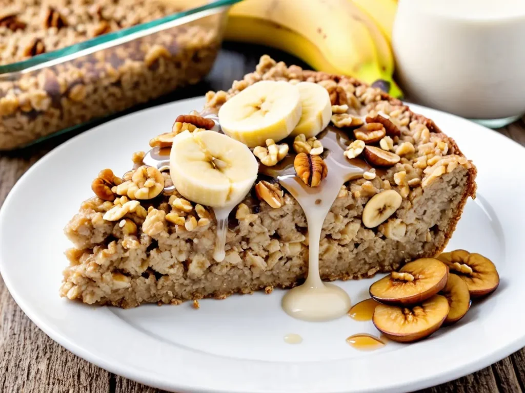 Healthy baked oatmeal topped with sliced banana, walnuts, and a drizzle of honey