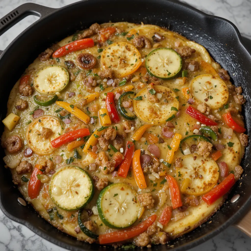 A colorful vegetable frittata with bell peppers, onions, and zucchini in a skillet