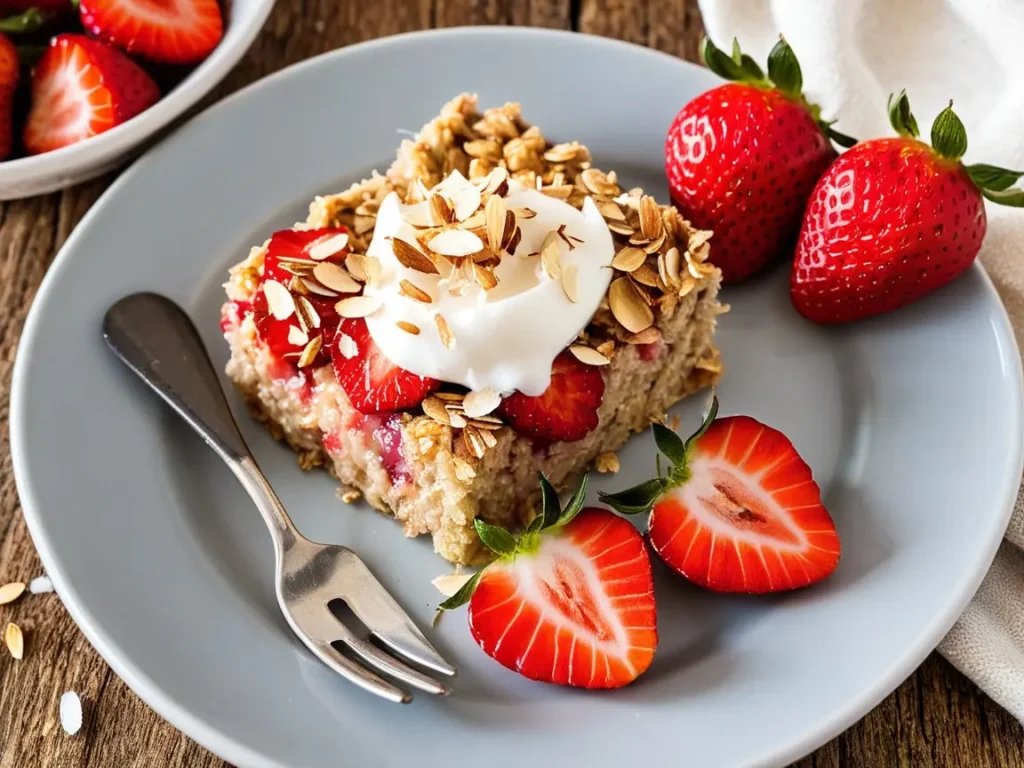 A single serving of baked oatmeal topped with sliced strawberries and coconut flakes