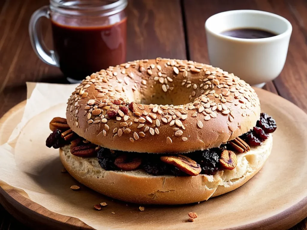 A golden vegan cinnamon raisin bagel sliced in half, spread with vegan cream cheese and topped with raisins