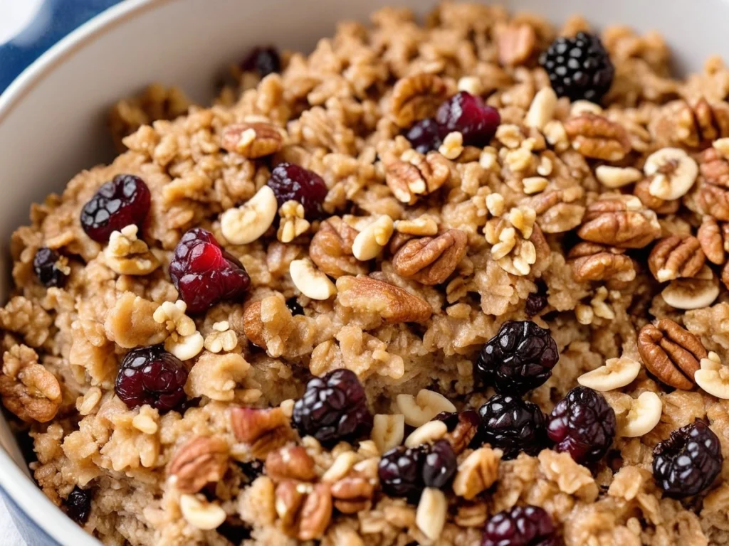 Close-up of baked oatmeal with cinnamon and raisins, garnished with walnuts