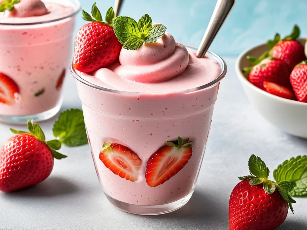 Strawberry frozen yogurt served in a cup with a topping of fresh sliced strawberries and a sprig of mint