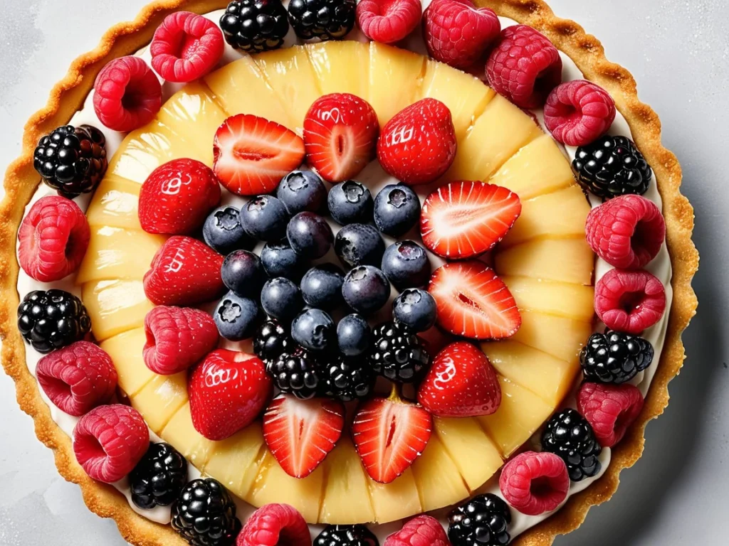 A freshly baked fruit tart with a golden crust and mixed berries on top