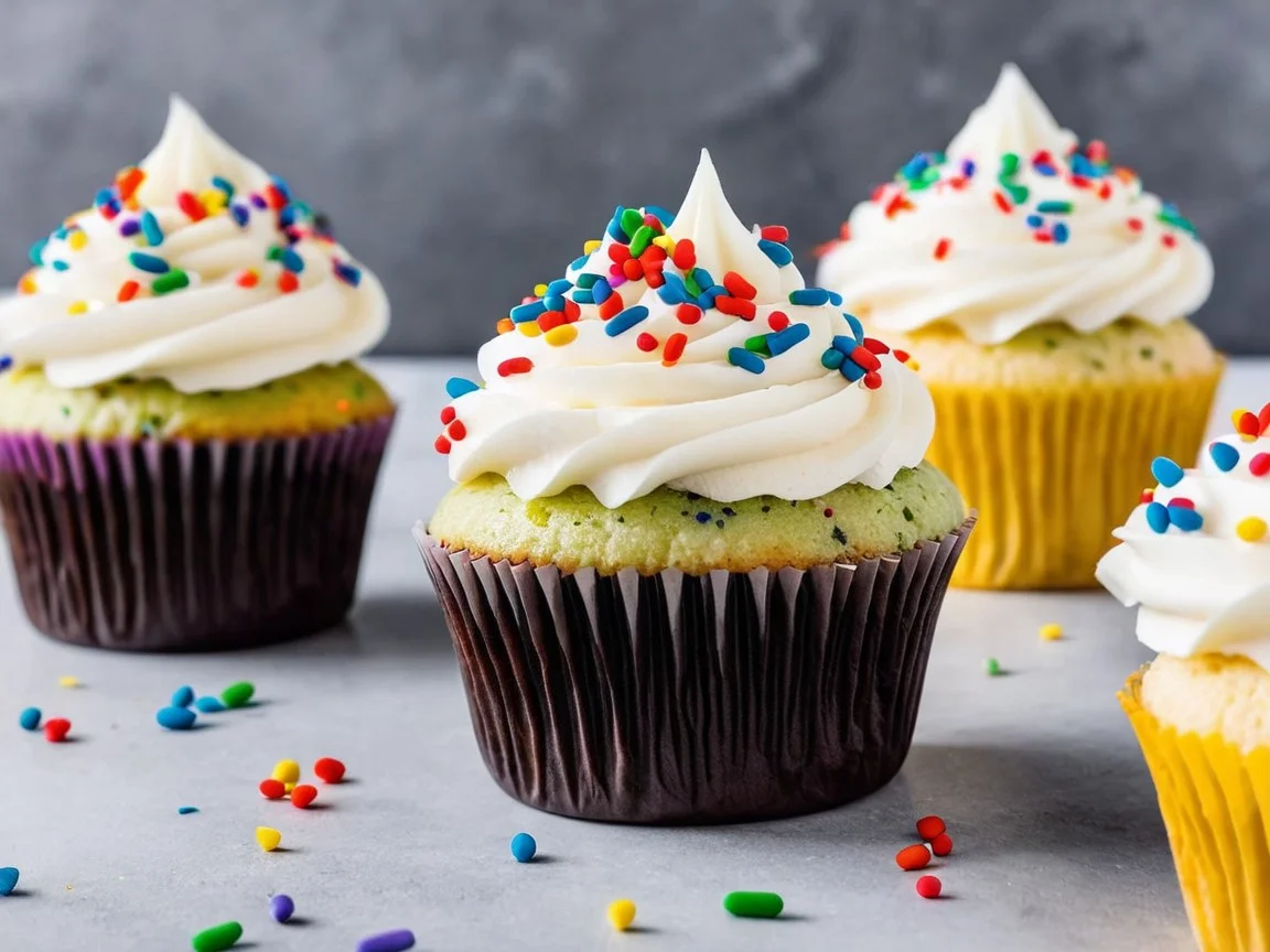 Cupcakes topped with fluffy Philadelphia cream cheese frosting and colorful sprinkles