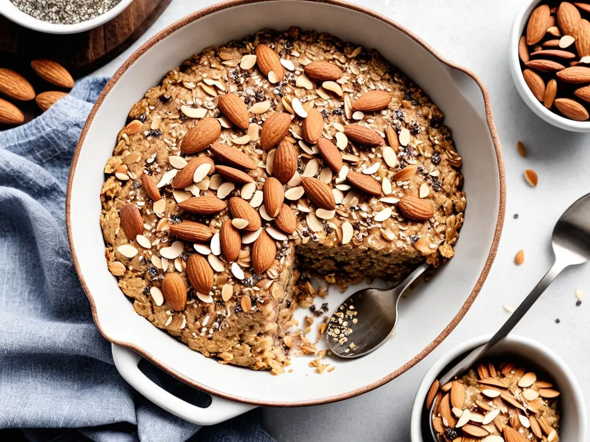 Baked oatmeal in a dish topped with sliced almonds, chia seeds, and a drizzle of almond butter