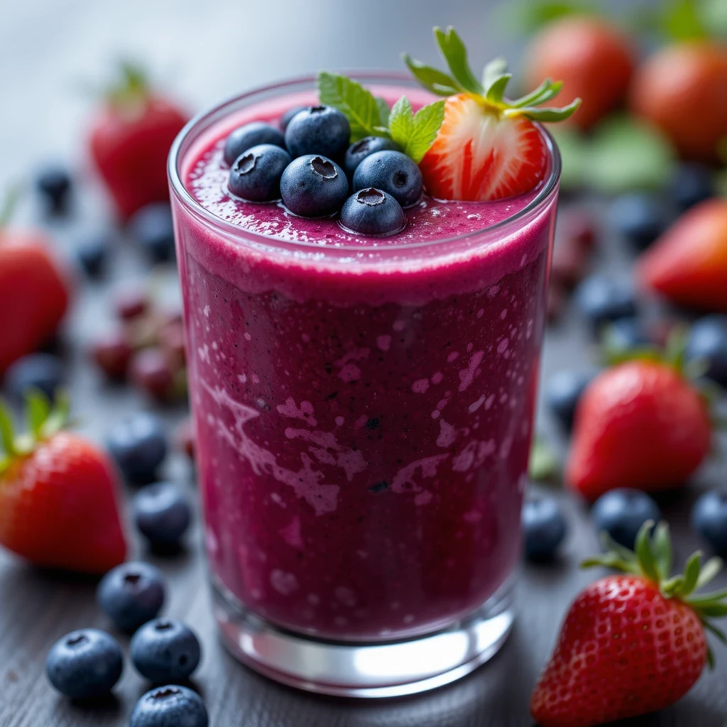 A vibrant berry smoothie in a glass topped with fresh blueberries and strawberries