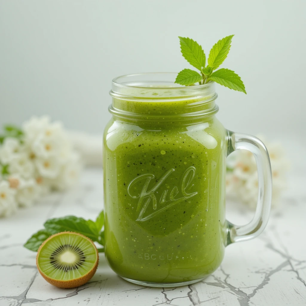 A green smoothie in a mason jar with spinach, kiwi, and a sprig of mint on the side