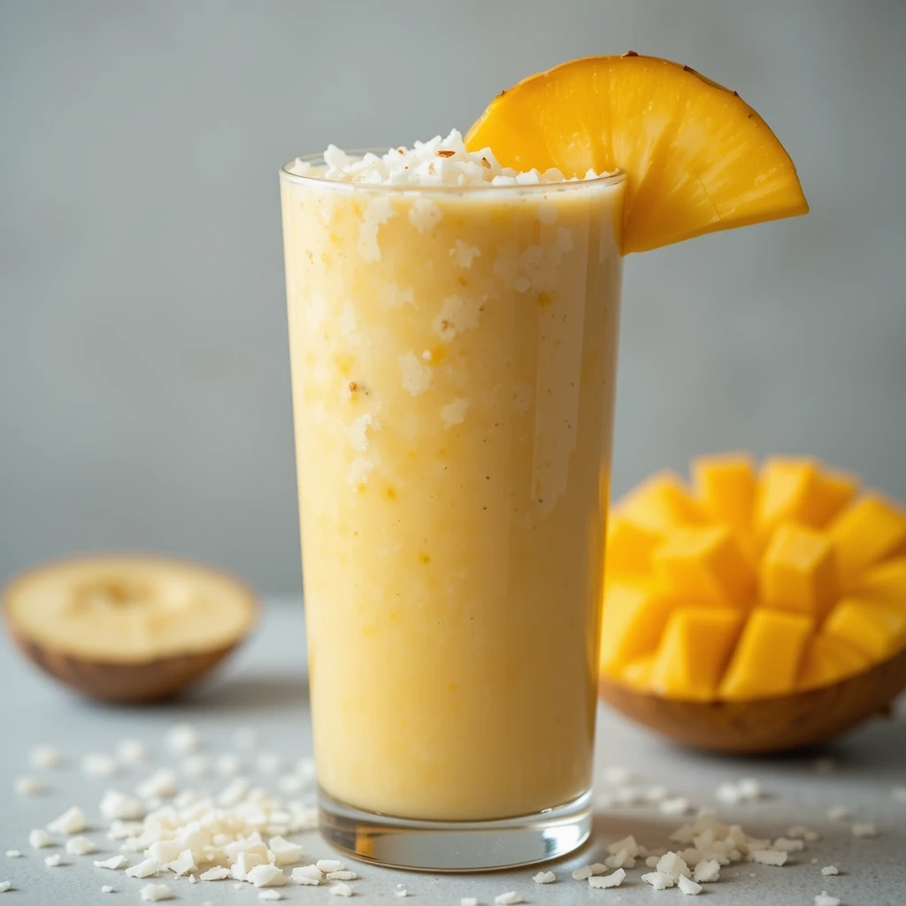 A creamy mango smoothie in a tall glass garnished with a slice of mango and coconut flakes