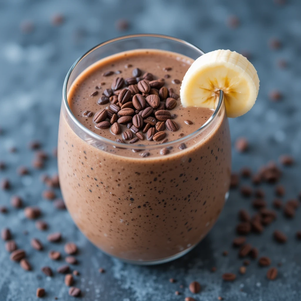 A chocolate banana smoothie in a glass topped with cacao nibs and a banana slice