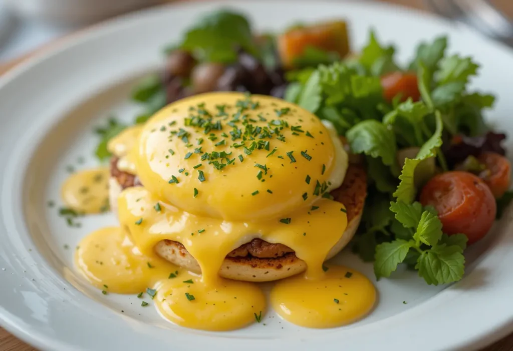 A finished Eggs Benedict plate, garnished with fresh herbs and served on a breakfast table