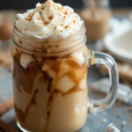 Iced vanilla coffee in a mason jar with whipped cream and a sprinkle of cinnamon