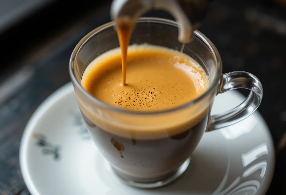 Close-up of a perfectly brewed ristretto shot in a glass espresso cup