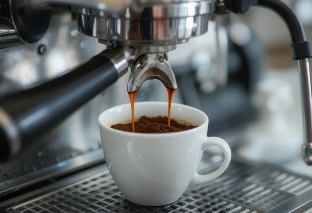 Espresso machine with freshly ground coffee being tamped for brewing ristretto