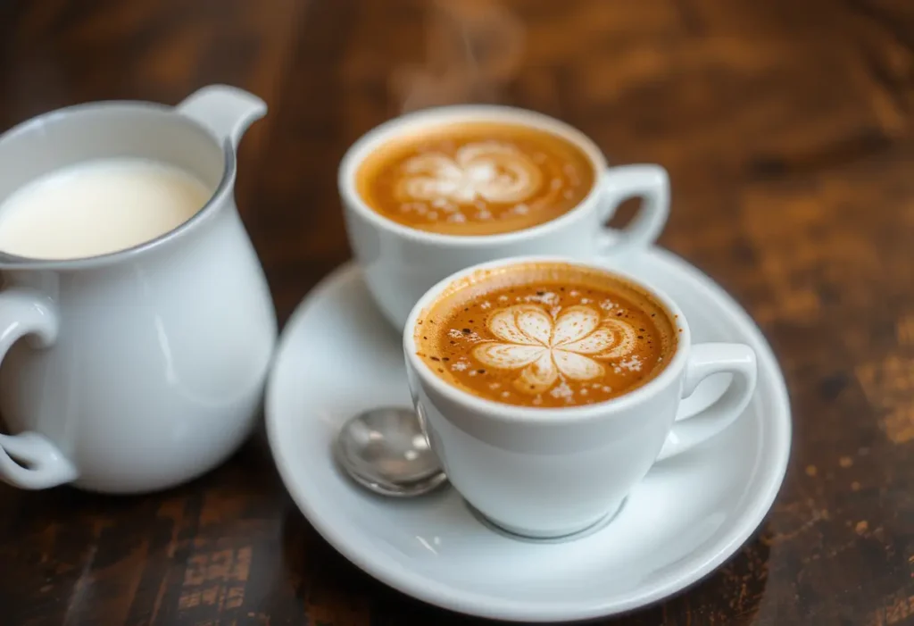 Two small cups of ristretto served alongside a small pitcher of steamed milk