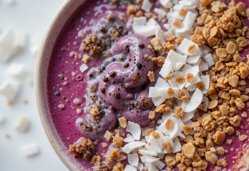 Close-up of a smoothie bowl with dragon fruit, coconut flakes, and granola on top