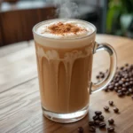 Iced cappuccino with a cinnamon sprinkle on top, served on a wooden table with a coffee bean side decoration