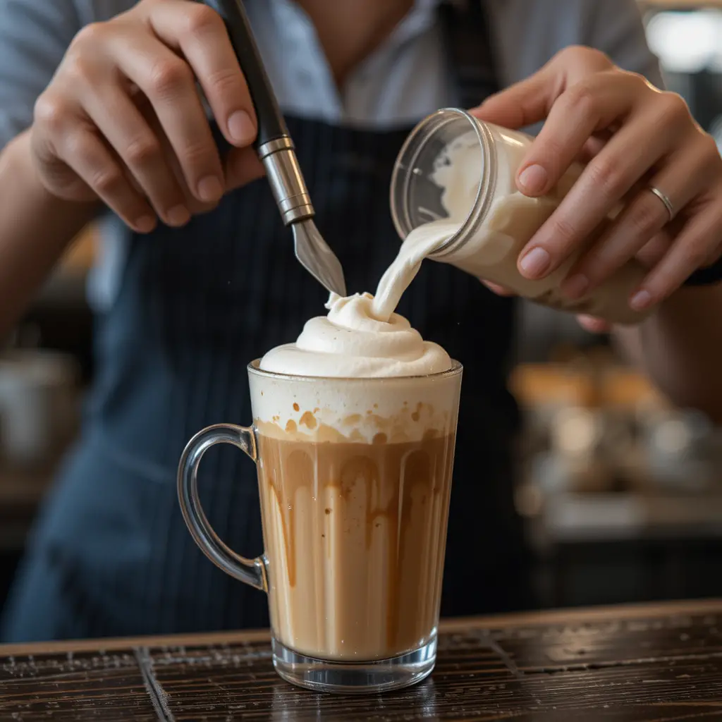 Close-up of a barista adding foam to an iced cappuccino in a cafe