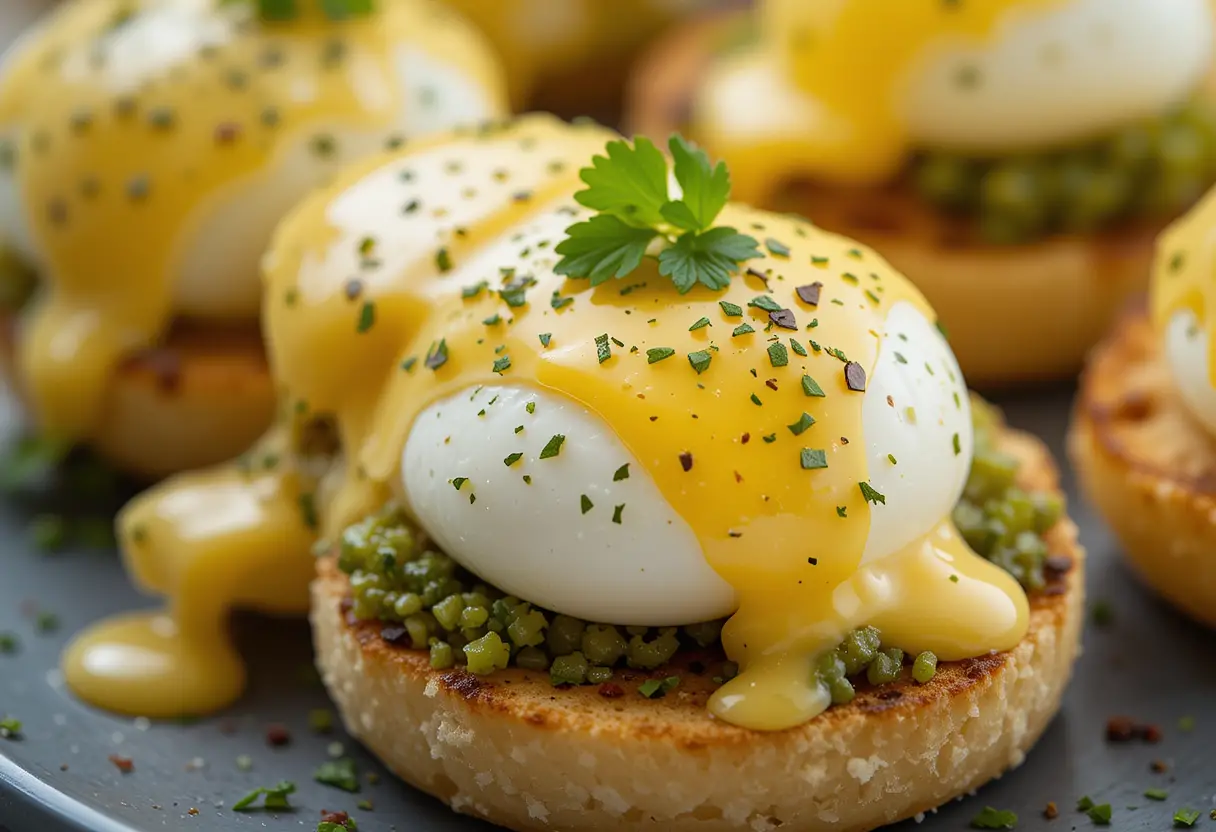 A close-up of perfectly poached eggs on English muffins with hollandaise sauce and a sprinkle of parsley