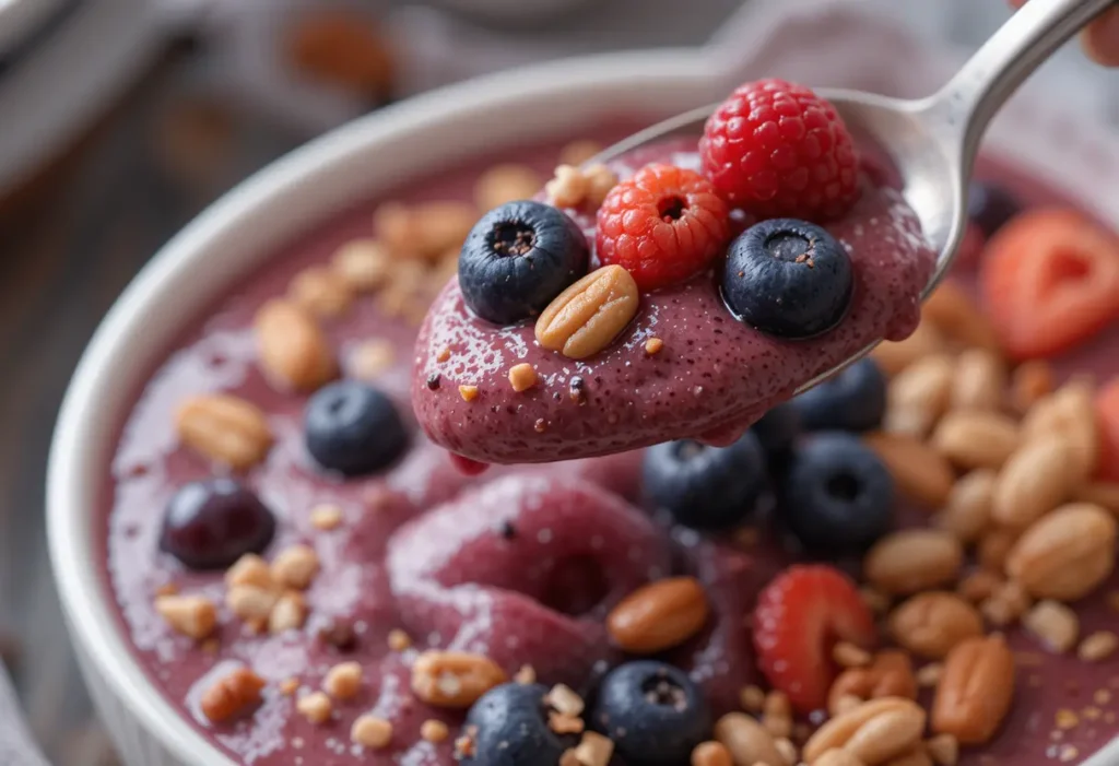 A spoonful of smoothie bowl with a mixture of berries and nuts being scooped up