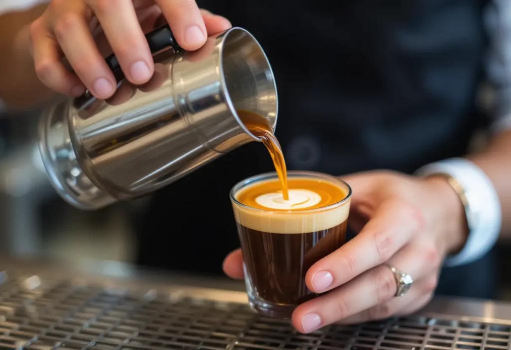 A barista pouring freshly brewed ristretto into a small glass, with a rich crema on top