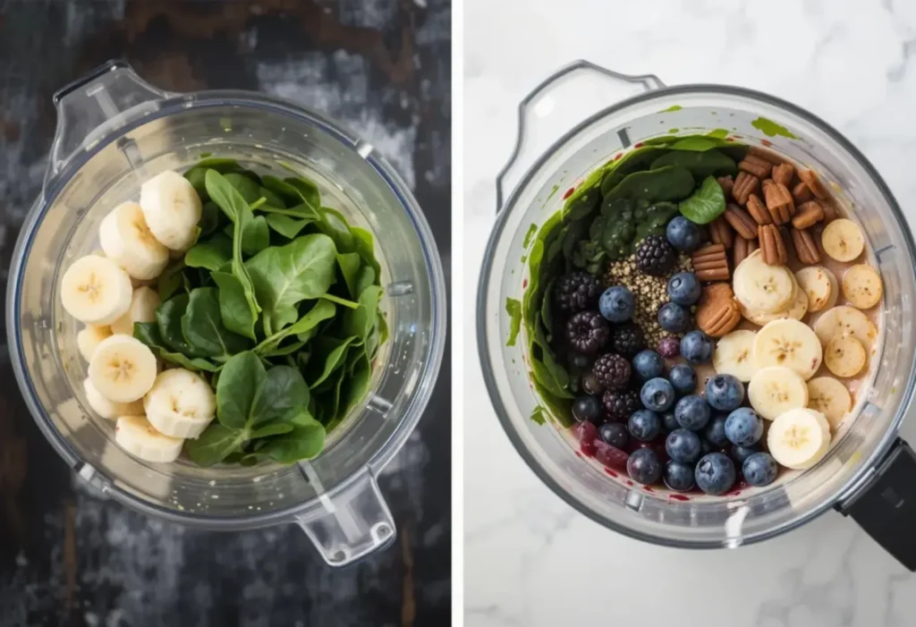 A step-by-step view of making a smoothie bowl with a blender and ingredients like bananas, berries, and spinach