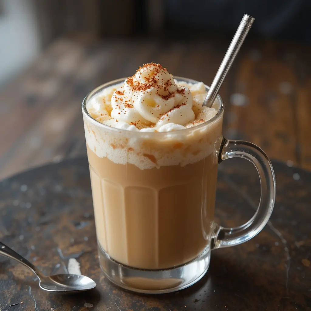 Iced cappuccino in a glass with a metal straw and a small spoon on the side