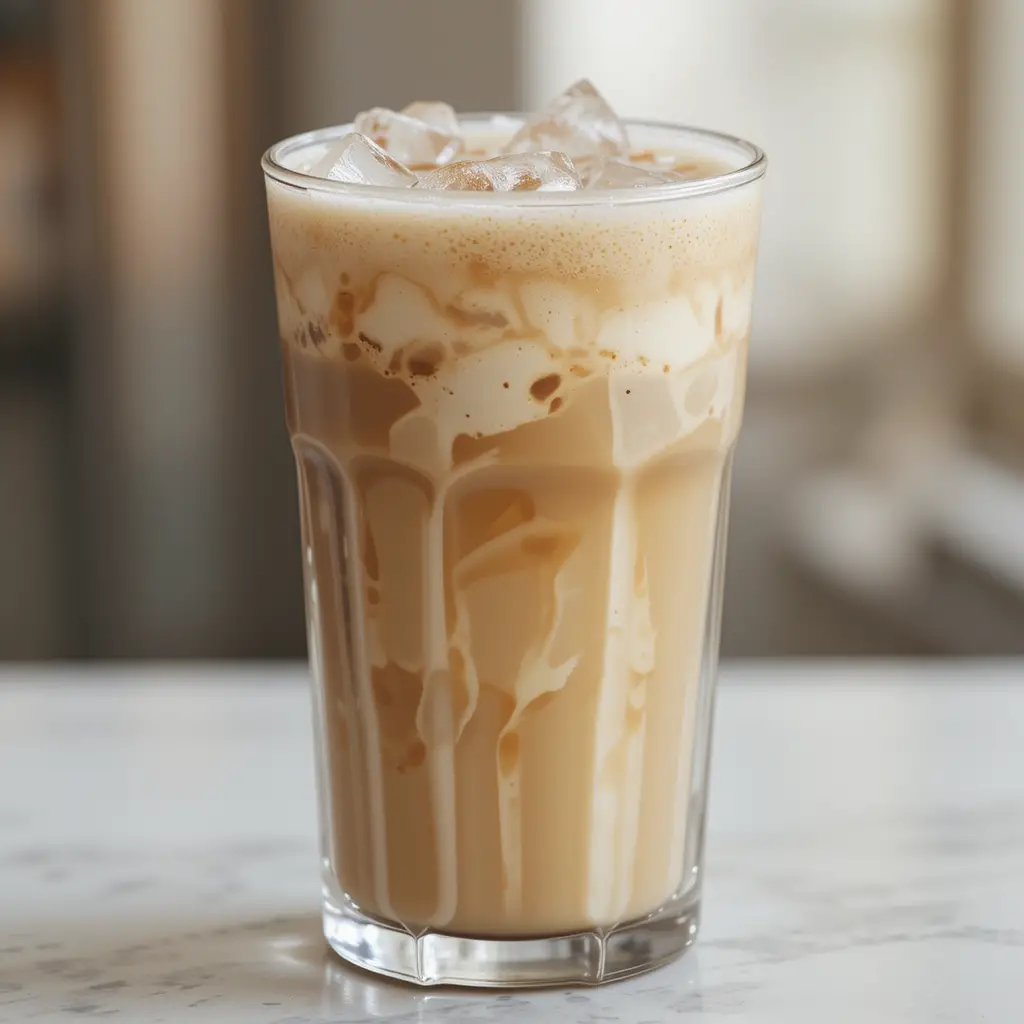 A glass of iced cappuccino with frothy foam on top and ice cubes inside