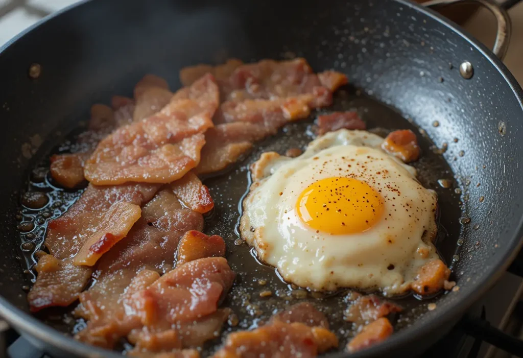 A skillet with sizzling Canadian bacon being seared for Eggs Benedict