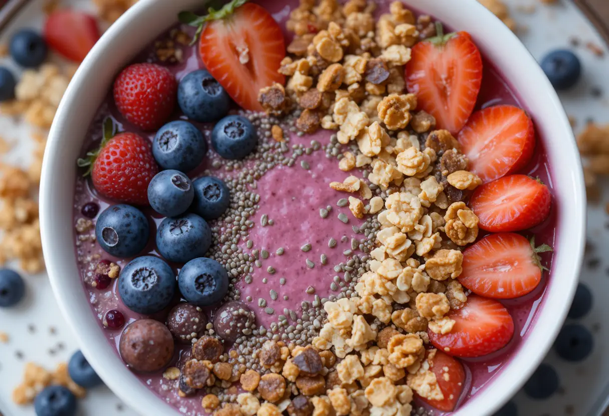 A vibrant smoothie bowl topped with fresh fruits, granola, and chia seeds