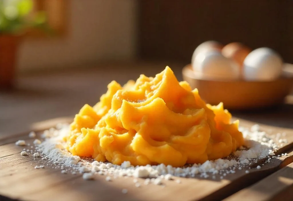 Freshly mashed sweet potatoes, flour, and eggs on a wooden countertop, ready to make gnocchi dough