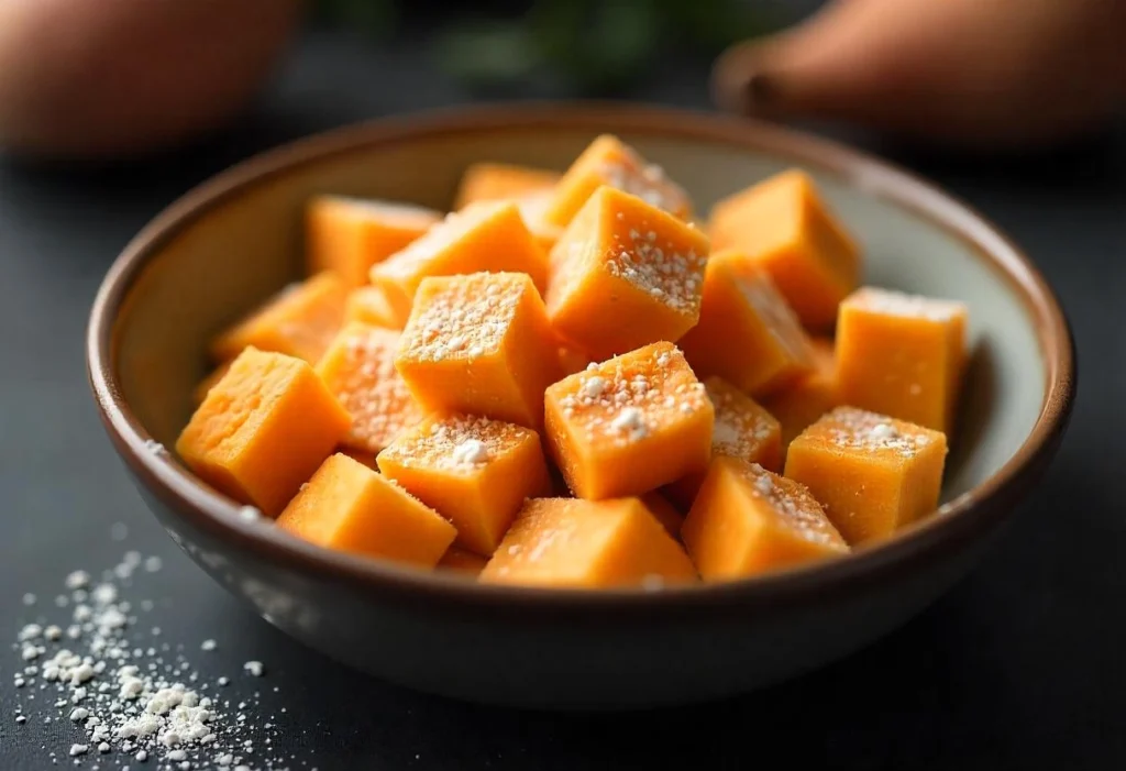 Sweet potato gnocchi dough rolled into long ropes and cut into bite-sized pieces