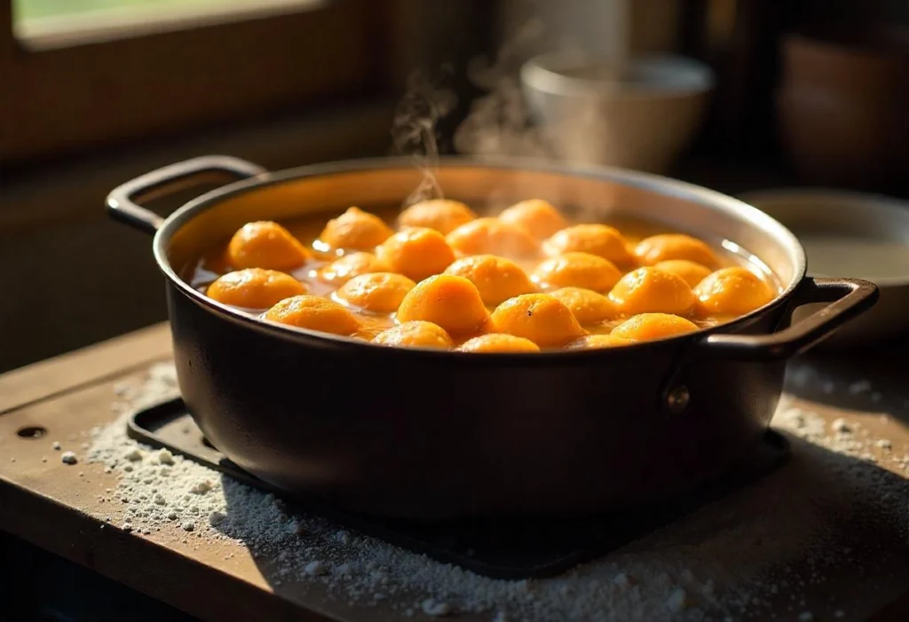 Sweet potato gnocchi boiling in a pot of water, floating to the top when fully cooked