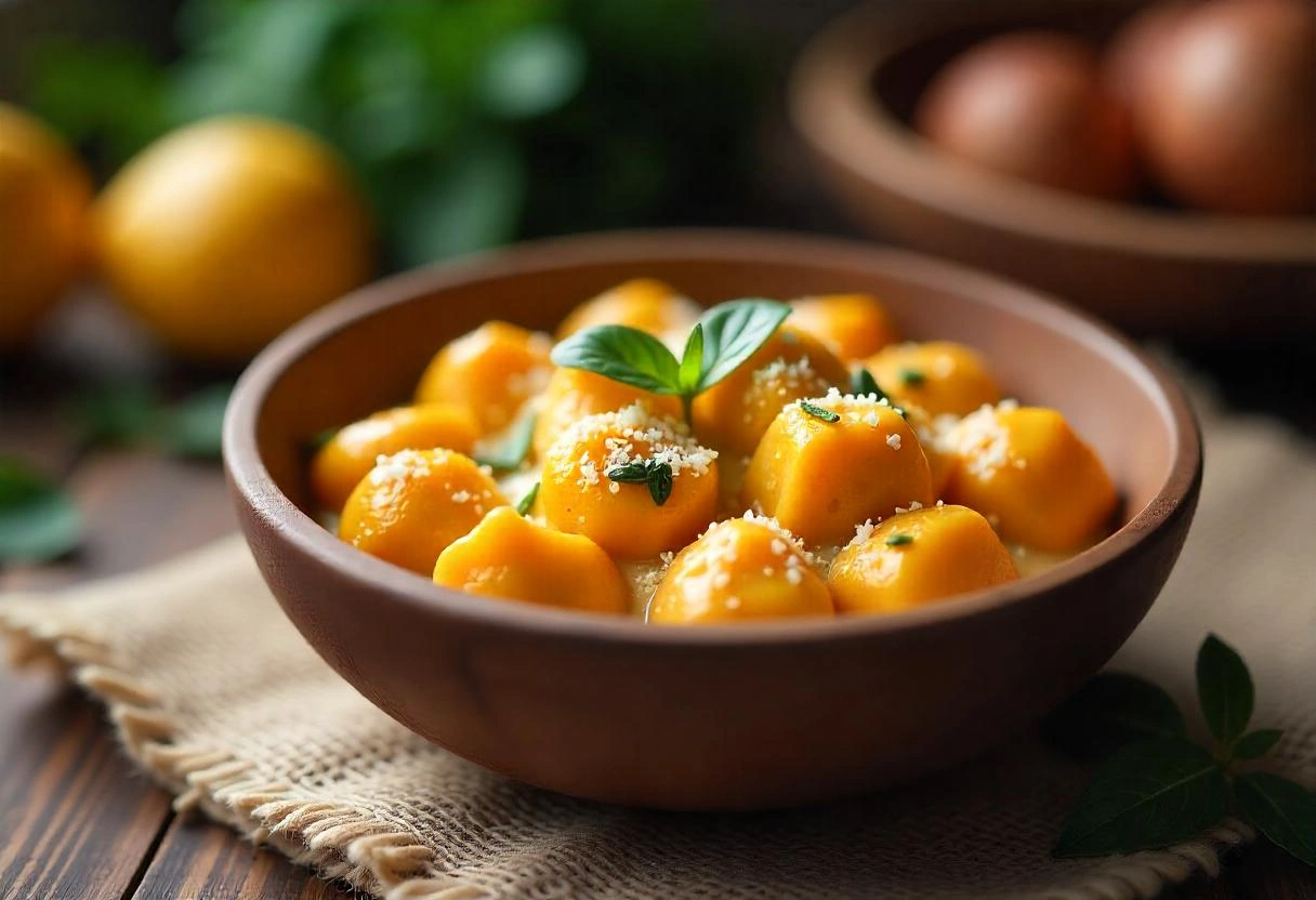 A bowl of sweet potato gnocchi tossed in a sage butter sauce and garnished with parmesan