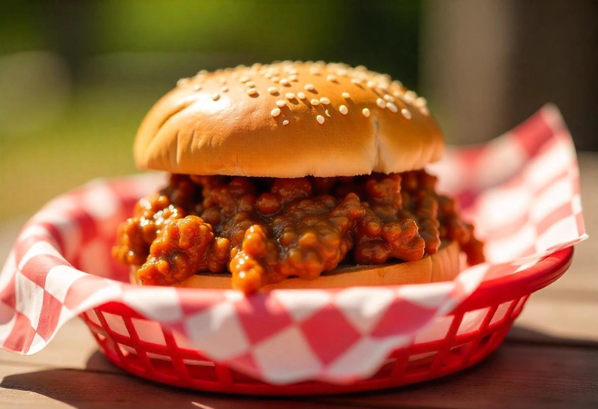 A classic Sloppy Joe sandwich with seasoned ground beef filling on a toasted bun